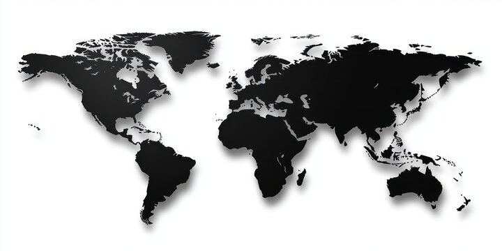black silhouette of world map continents on a white background with subtle shadow effect