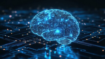 Digital brain circuit board on dark blue background with bright glowing lights and reflections