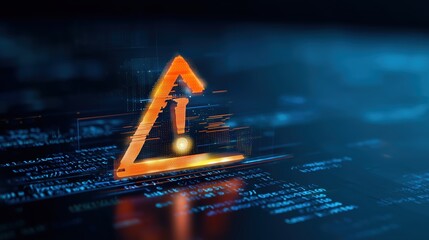 Abstract digital background with glowing code and orange warning triangle symbol, futuristic cybersecurity alert and system security concept, dark blue holographic backdrop for data protection and sof