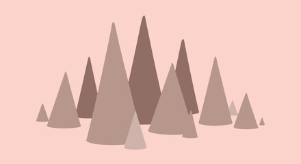 Abstract arrangement of conical shapes on a pale pink background, suggesting a stylized landscape.
