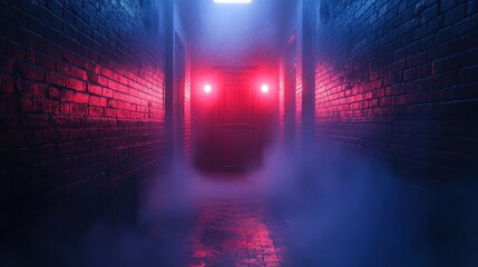 Dark narrow brick corridor illuminated by eerie red lights with dense fog creating a mysterious and suspenseful atmosphere
