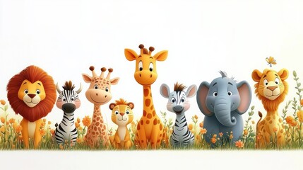 Naklejka premium A lineup of cute cartoon safari animals including lions, zebras, giraffes, a baby lion, and an elephant surrounded by orange flowers conveying a cheerful and friendly atmosphere