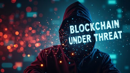 A mysterious figure in a hoodie, symbolizing cybersecurity threats to blockchain technology amidst a digital backdrop.