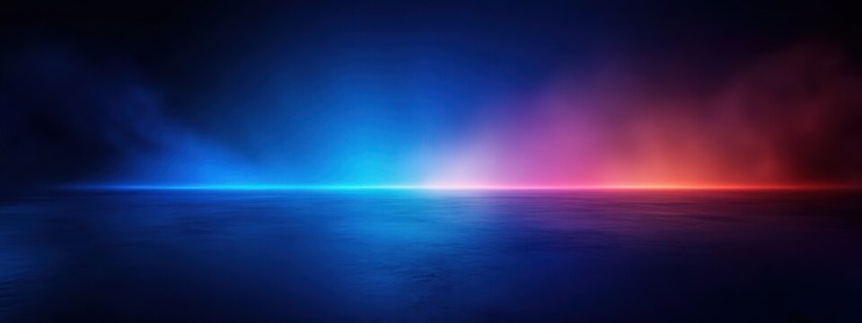 Abstract futuristic scene with glowing blue and red neon lights reflecting on smooth dark surface, creating a mysterious and dynamic atmosphere