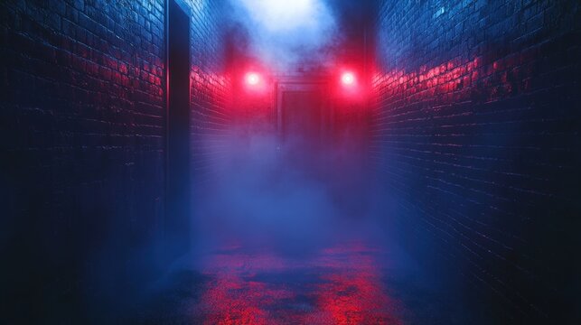 Dark narrow brick alleyway illuminated by two red lights with dense fog creating an eerie and mysterious atmosphere