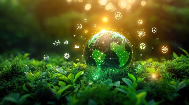 Glowing digital earth surrounded by environmental icons on lush green plants under warm sunlight symbolizing nature and technology harmony