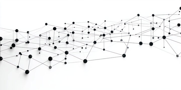 Abstract black network of interconnected nodes and lines creating a complex web pattern on a white background representing connectivity and data flow