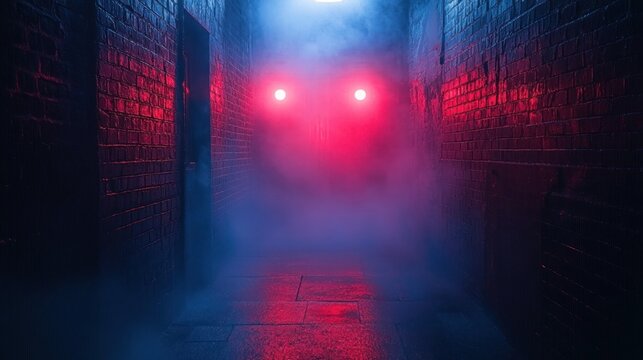 Dark narrow alley with brick walls illuminated by red and blue lights through thick fog creating eerie glowing orbs
