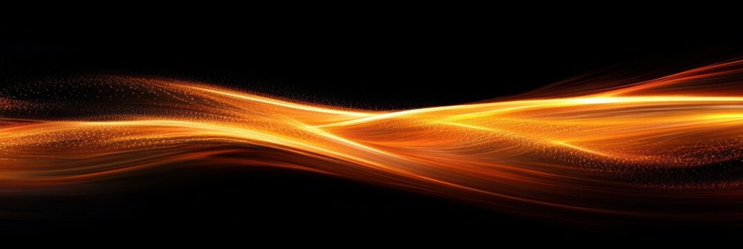 Flowing luminous golden light trails with sparkling particles over black background conveying energy and movement