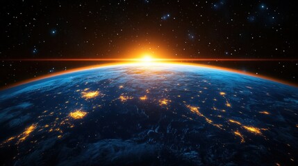 Obraz premium Sunrise over Earth from space showing illuminated city lights and scattered stars in the dark sky generating a sense of awe and wonder