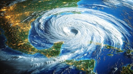 Satellite view of a massive hurricane with a clear eye over the Gulf of Mexico approaching the southeastern United States, showing swirling clouds and illuminated coastlines at night