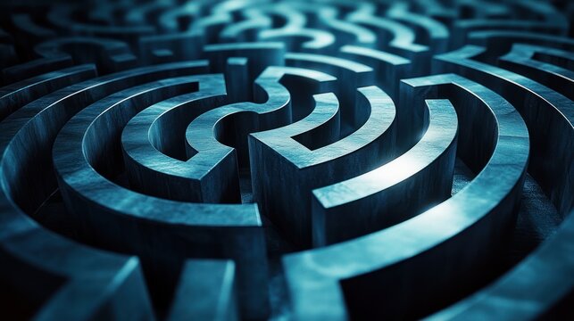 Close-up view of a complex dark blue metallic maze with intricate curved pathways and sharp edges evoking mystery and challenge