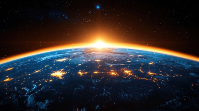 Bright sunrise over Earth seen from space with illuminated city lights and vibrant atmosphere under a starry sky