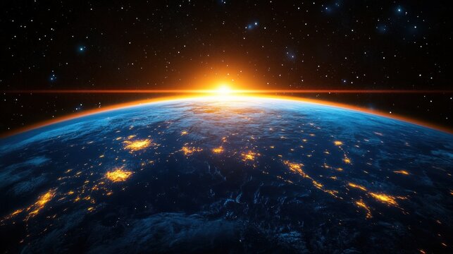 Sunrise over Earth from space showing illuminated city lights and scattered stars in the dark sky generating a sense of awe and wonder