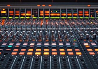 Close-up view of a professional audio mixing console with illuminated buttons, faders, and knobs indicating an active audio production environment