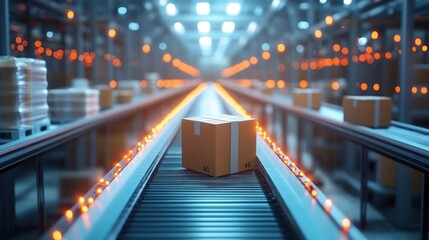 Cardboard packages moving on conveyor belts in a modern, brightly lit warehouse environment with shelves in the background and orange indicator lights