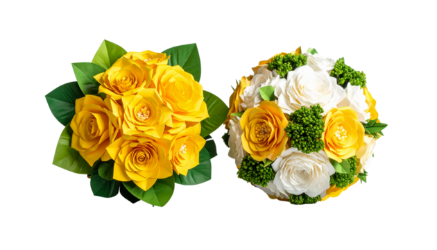 Handcrafted paper bouquet pair with floral variations, isolated on transparent background