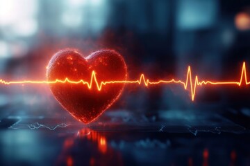 Glowing red heart with a bright electrocardiogram heartbeat line pulsating in a dark futuristic medical setting conveying health and life vitality