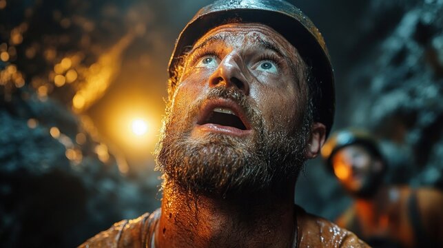Close-up of a sweaty, bearded miner wearing a helmet looking up in a dimly lit underground cave with another miner blurred in the background