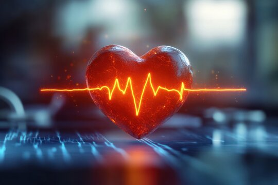 Glowing red heart with bright orange electrocardiogram pulse line on futuristic digital blue background symbolizing heartbeat and health monitoring