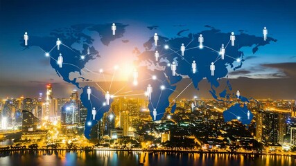 Global network connection over cityscape at twilight, international business and social media, abstract world map with people icons and light beams - Powered by Adobe