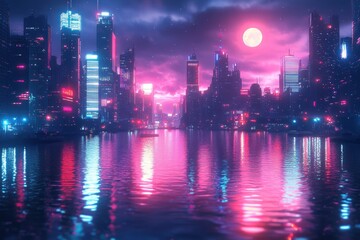 Futuristic city skyline at night with glowing skyscrapers reflecting neon pink and blue lights on calm water under a full moon and cloudy sky