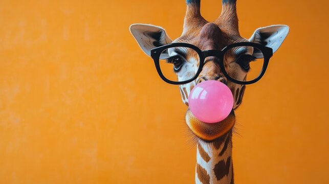 close-up of giraffe wearing black glasses blowing a large pink bubble gum bubble against an orange background expressing playful mood - Powered by Adobe