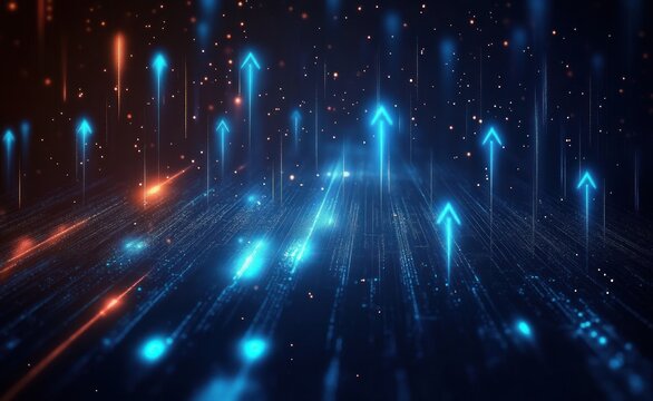Digital abstract background with glowing arrows pointing upward representing data flow and technological advancement with blue and orange light particles