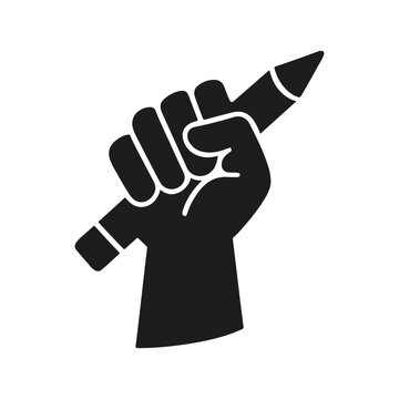 Raised Fist Holding Horizontal Pencil &ndash; Black Silhouette Symbol of Creative Protest, Education,
