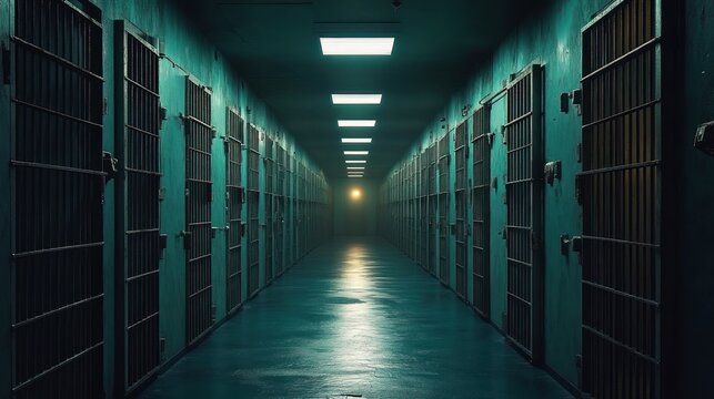 Long dimly lit corridor with rows of closed prison cells on both sides under fluorescent ceiling lights conveying a sense of confinement and isolation