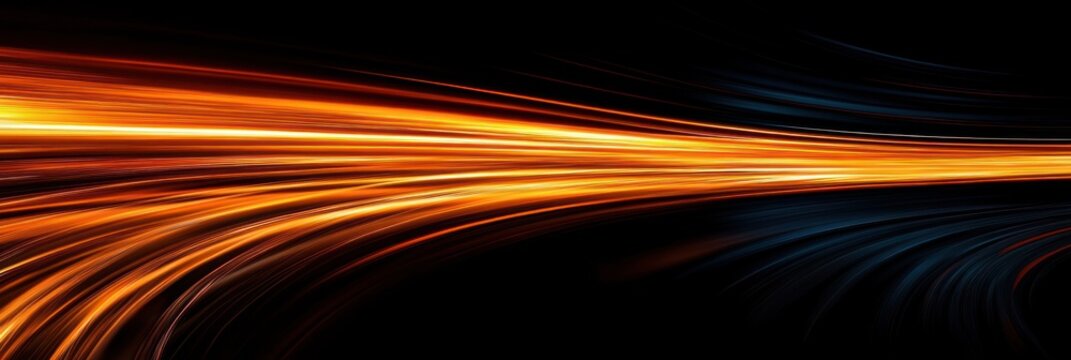 Dynamic flow of vibrant orange and yellow light streaks contrasted with dark blue and black curved lines, creating a sense of energy and movement