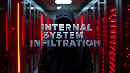 A hooded figure in a dark server room symbolizes internal system infiltration, with glowing red lights creating an ominous atmosphere.