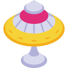 Retro Sci Fi Flying Saucer UFO Object With Yellow Hull Pink Top And Purple Accents Floating On Stand Isolated On White Background Minimalist Design