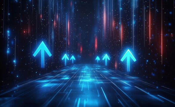 Glowing blue arrows pointing upward on a futuristic digital pathway with cascading light streaks in dark space, evoking progress and technology advancement