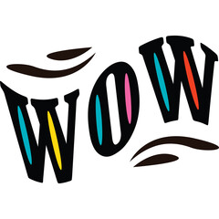 Retro Style Text Art Word Wow In Bold Black Letters With Vibrant Colorful Accents And Swirls On A Transparent Background