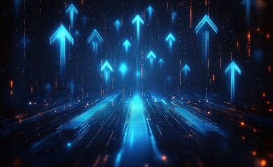 Futuristic digital landscape with glowing blue upward arrows representing progress and growth on a dark high-tech background