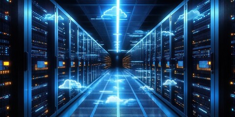 Futuristic data center corridor with glowing cloud icons and illuminated server racks reflecting blue light in a high-tech environment
