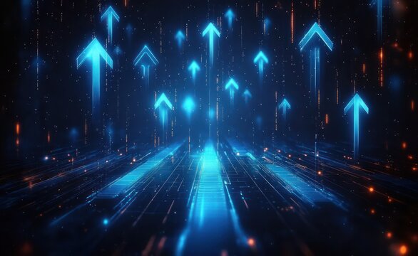 Futuristic digital landscape with glowing blue upward arrows representing progress and growth on a dark high-tech background
