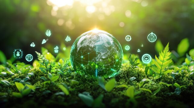Transparent glowing globe surrounded by green plants and moss with digital environmental icons floating, symbolizing ecological awareness and sustainable growth under warm sunlight