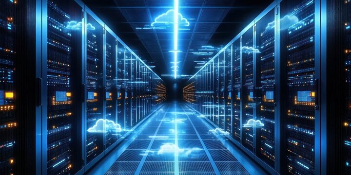 Futuristic data center corridor with glowing cloud icons and illuminated server racks reflecting blue light in a high-tech environment