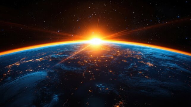 Sunrise viewed from space over the Earth’s curved surface with city lights visible on the dark side and stars in the background