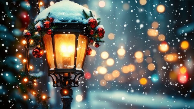 Snow-covered vintage street lamp decorated with red baubles and garlands glowing warmly amidst falling snow with blurred festive lights in the background