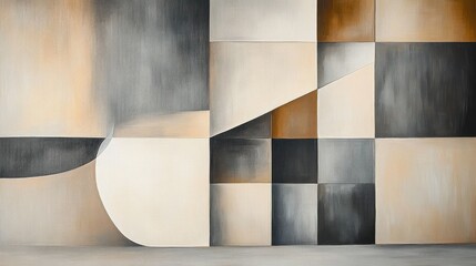 Abstract geometric composition featuring a neutral color palette with intersecting shapes and textured gradients in beige, brown, and gray tones conveying calmness and balance