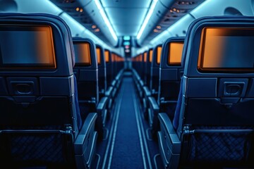 Obraz premium Empty airplane cabin interior with rows of blue seats featuring personal screens and illuminated aisle lighting creating a calm atmosphere