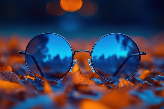 Round eyeglasses with blue tinted lenses resting on a bed of orange autumn leaves with blurred natural background and warm light bokeh