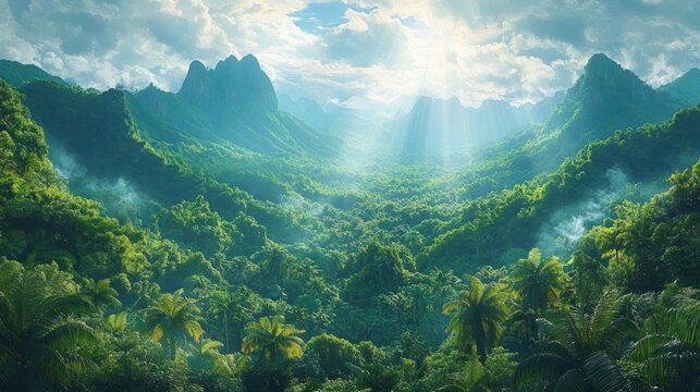 Lush green tropical rainforest in a valley surrounded by towering jagged mountains under a dramatic cloudy sky with sun rays piercing through