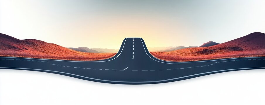 Empty road curving upward in surreal landscape with orange hills under soft sunrise or sunset sky - Powered by Adobe