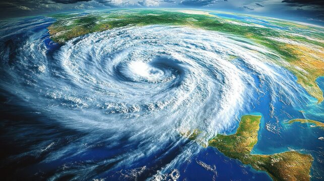 Massive swirling hurricane forming over ocean near coastline with visible land and cloud formations under a dramatic sky