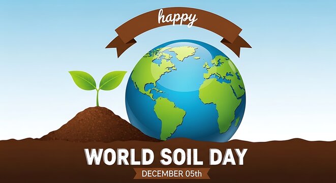 Happy world soil day with a globe and a seedling growing from a mound of soil