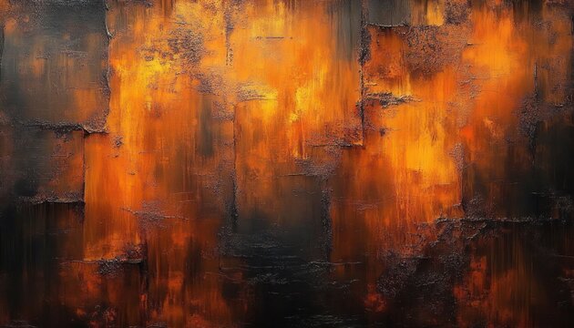 abstract textured painting with fiery orange and deep black tones creating a dramatic and intense visual effect - Powered by Adobe